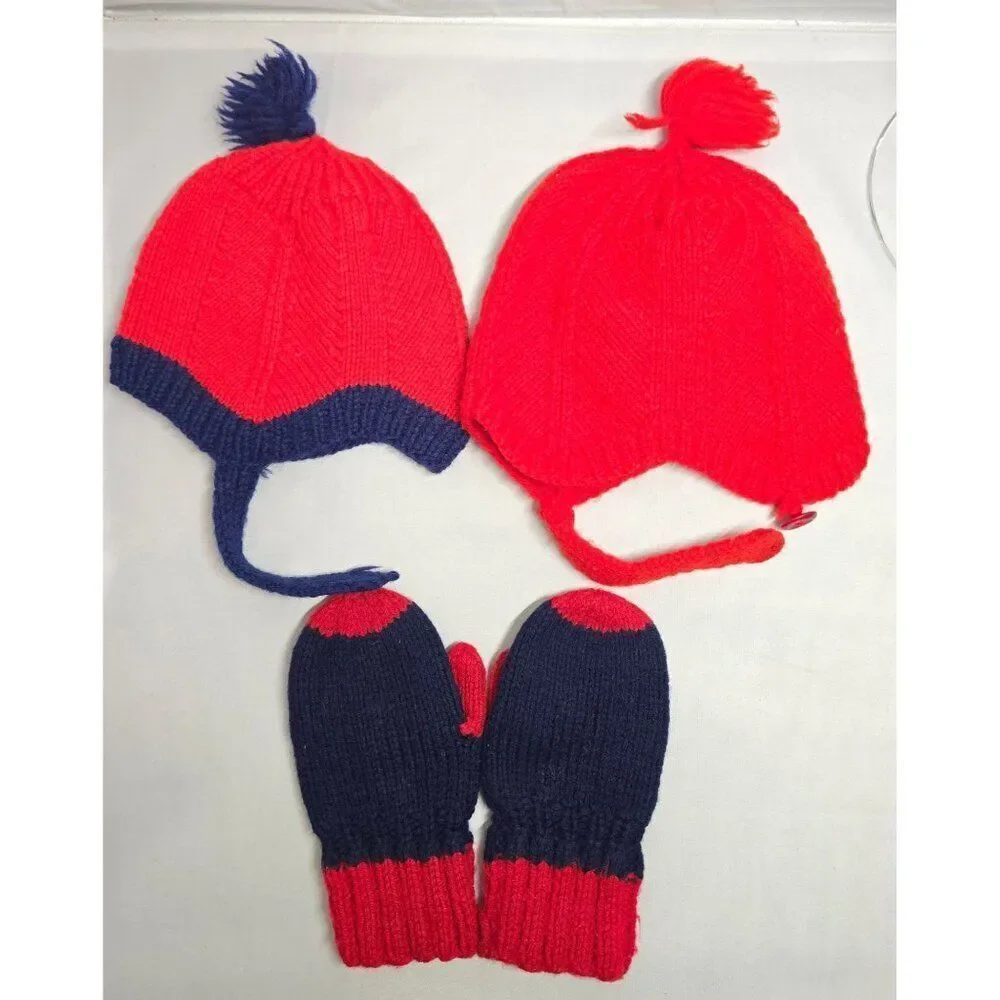 Red & Navy Baby Knit Hats With Pom-Poms & Mittens Set vintage Handmade